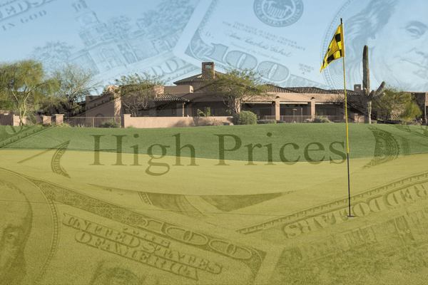 The Hidden Costs of Arizona’s HB 2411 How BYOB Could Hurt Golfers Blog Cover Photo - A picture of an Arizona golf course, showing 100 dollars bills with text that says High Prices