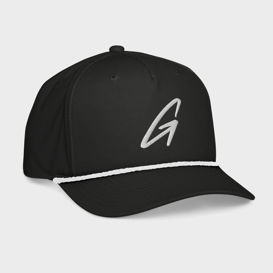 Black golf hat with a white G logo on a light gray background