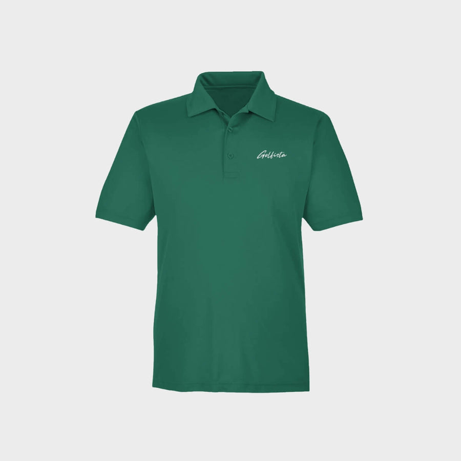 Green men's polo shirt with Golfista logo on a light gray background
