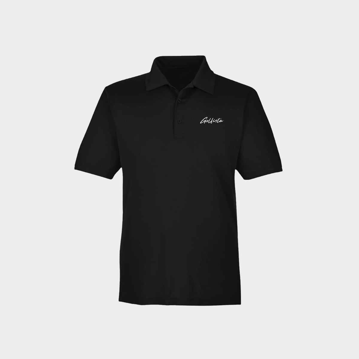 Black polo shirt with Golfista logo on a light gray background