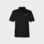 Black polo shirt with Golfista logo on a light gray background