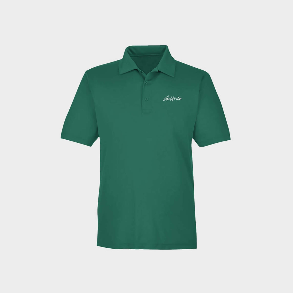 Green polo shirt with Golfista logo on a light gray background