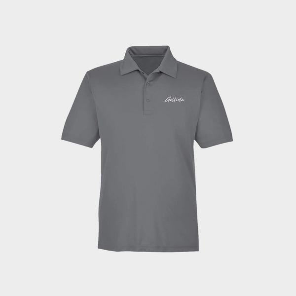 Gray polo shirt with Golfista logo on a light gray background