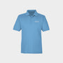 Blue polo shirt with Golfista Logo on a light gray background