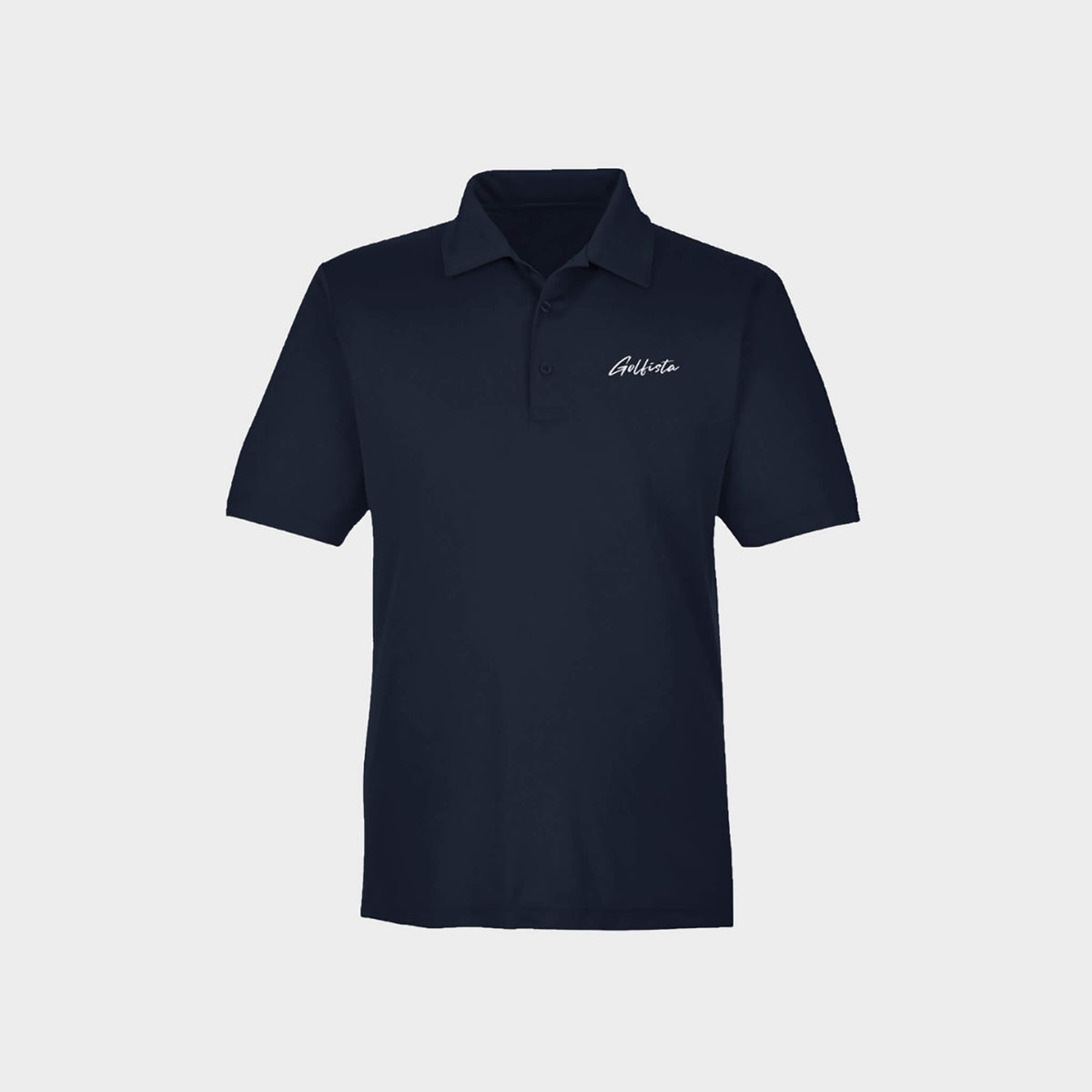 Navy polo shirt with Golfista logo on a light gray background