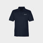 Navy polo shirt with Golfista logo on a light gray background