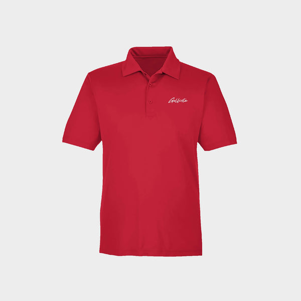 Red polo shirt with Golfista logo on a light gray background