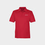Red polo shirt with Golfista logo on a light gray background