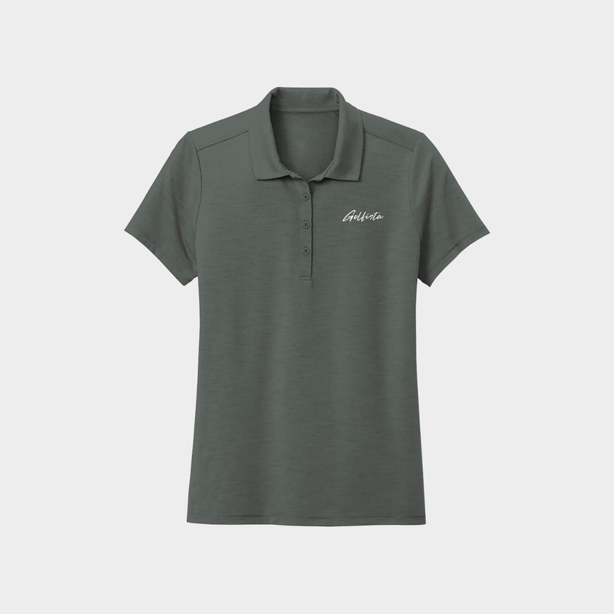 Gray polo shirt with Golfista logo on a white background