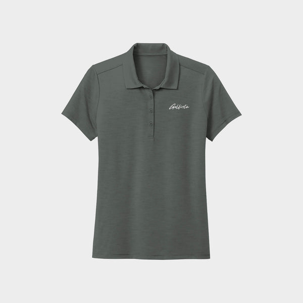 Gray polo shirt with Golfista logo on a white background