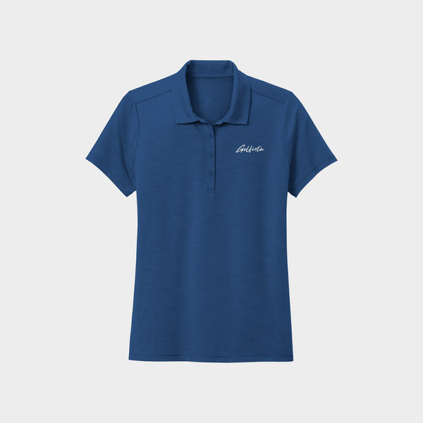 Royal Blue polo shirt with Golfista logo on a light gray background