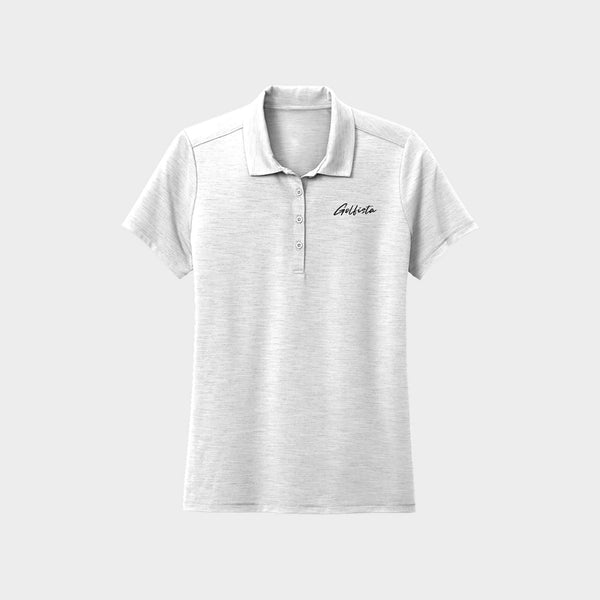 White polo shirt with Golfista logo on a light gray background