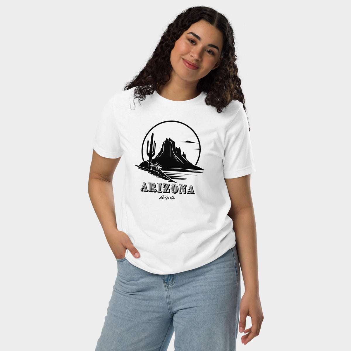 Arizona Eco Tee sustainable t-shirt worn by a woman