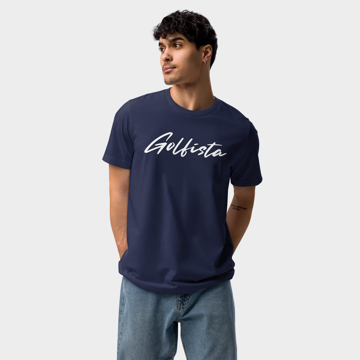 Navy Golfista Eco Tee sustainable t-shirt worn by a man