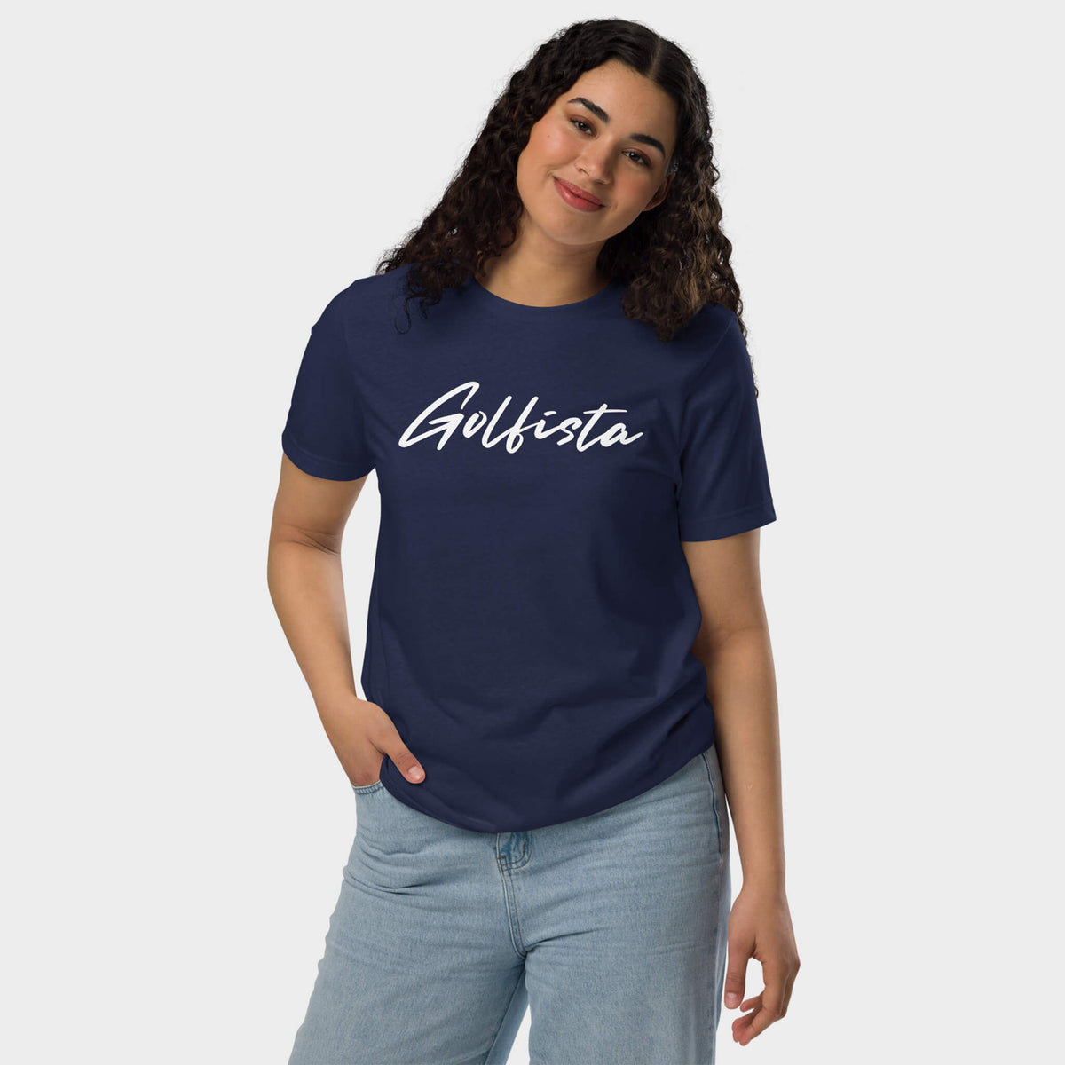 Navy Golfista Eco Tee sustainable t-shirt worn by a woman