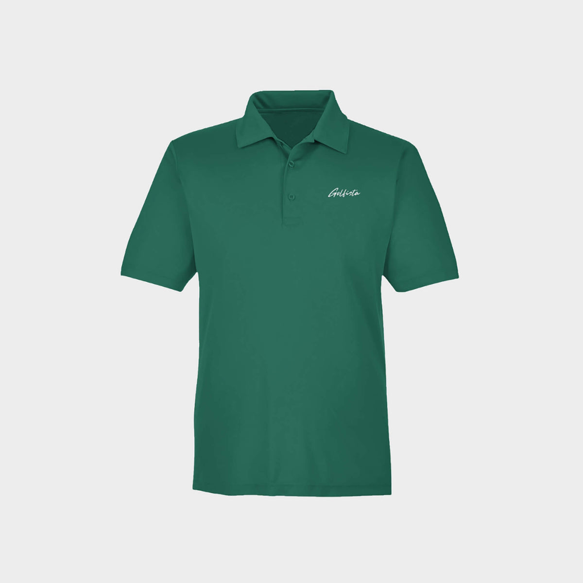Green polo shirt with Golfista logo on a light gray background