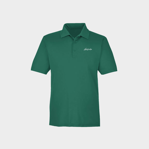 Green polo shirt with Golfista logo on a light gray background
