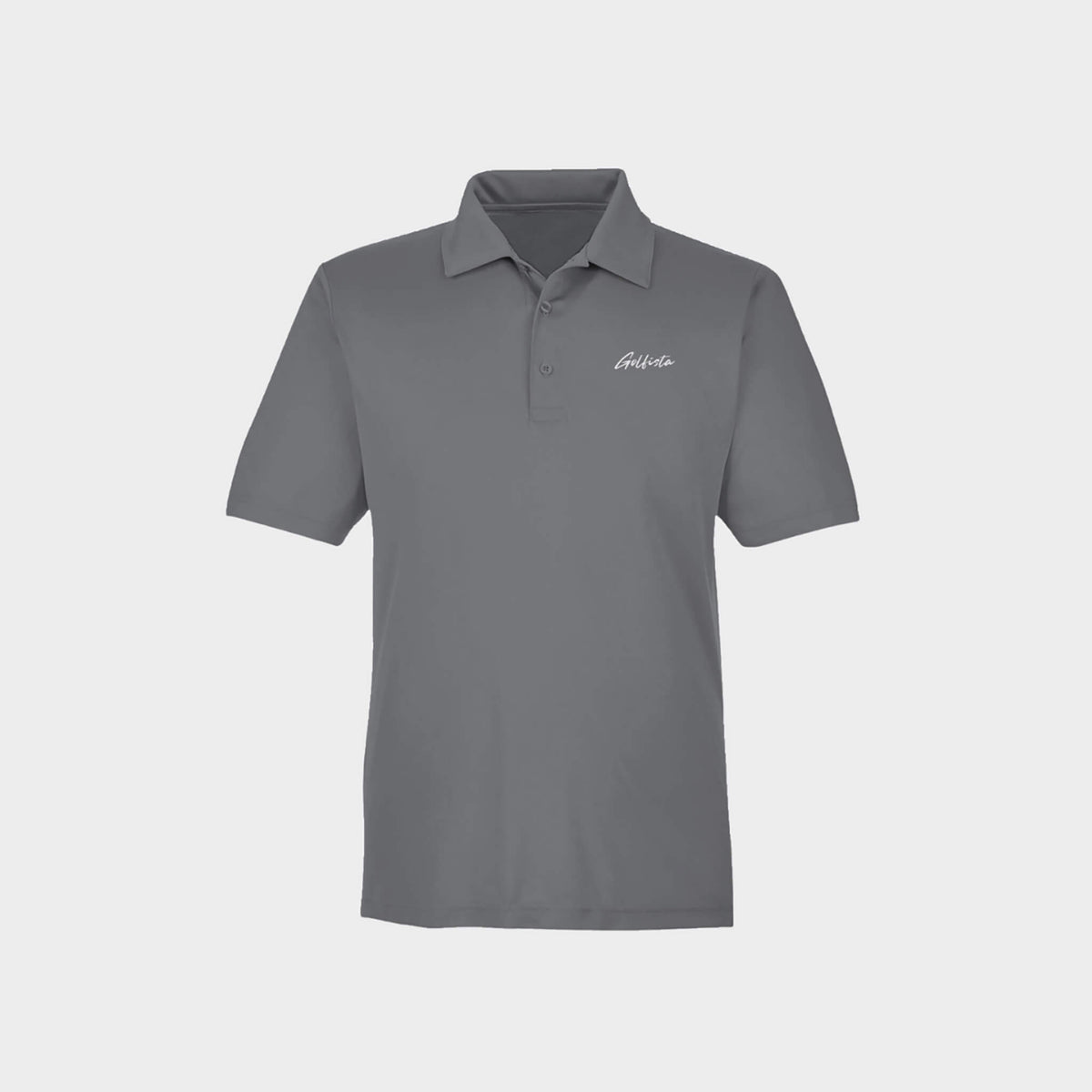 Gray polo shirt with Golfista logo on a light gray background