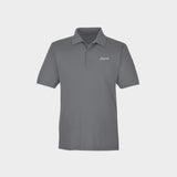 Gray polo shirt with Golfista logo on a light gray background