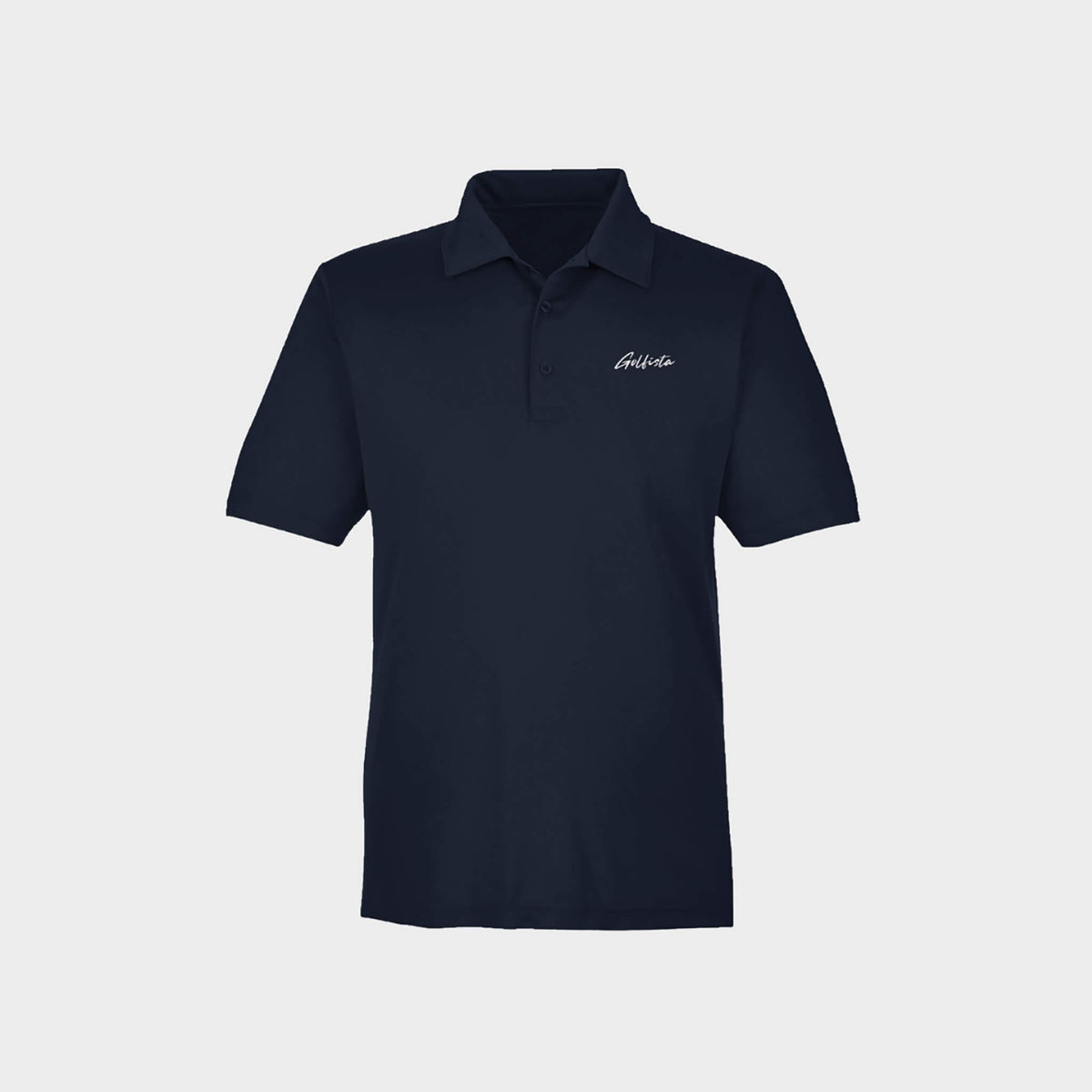 Navy polo shirt with Golfista logo on a light gray background