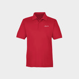 Red polo shirt with Golfista logo on a light gray background