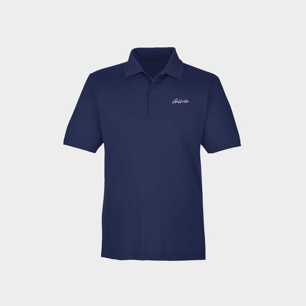 Royal blue polo shirt with Golfista logo on a light gray background